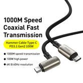 Cable coaxial con martillo Baseus CATPN-01 de 100 W, 5 A, PD3.1 Gen2, USB-C/Tipo-C a USB-C/Tipo-C HD, misma pantalla, longitud del cable: 1,5 m